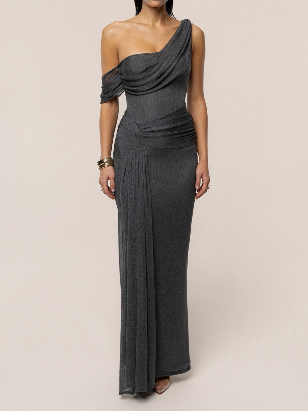 GUN METAL DRAPED METALLIC MAXI DRESS